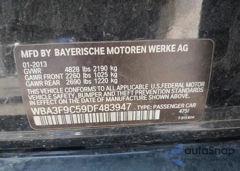 2013 BMW Activehybrid 3 from USA, damaged, VIN WBA3F9C59DF483947